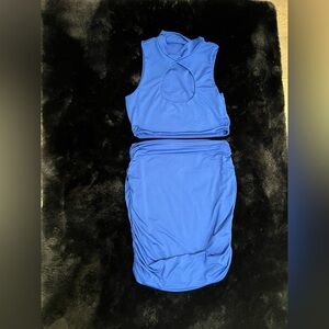 Bodycon Women’s Royal Blue Two-Piece Set Size Small Crop Top & Ruched Skirt